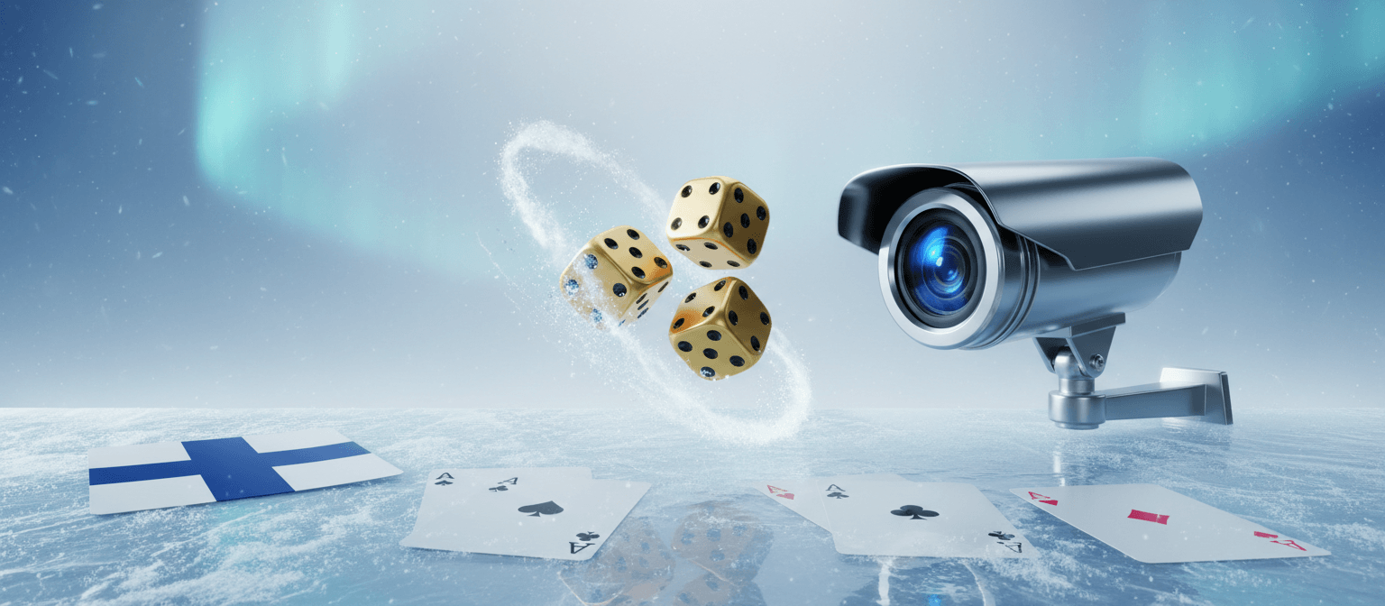 Valvontakamera kultanoppien Suomen lipun ja pelikorttien kanssa kuvastaa kasinon turvallisuutta ja asiakaspalvelua